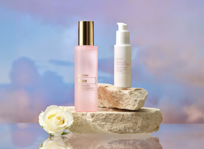 Rose Hydrosol Mist and Moringa Rose oil displayed next to each other.