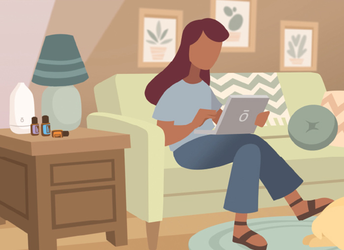 An animated picture of a woman sitting on a couch with a laptop