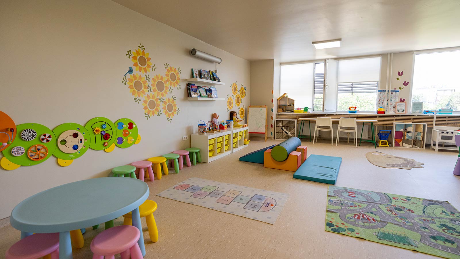 Colorful murals brighten the walls and create a welcoming atmosphere in a recently renovated children’s hospital in Bulgaria, supported by doTERRA.