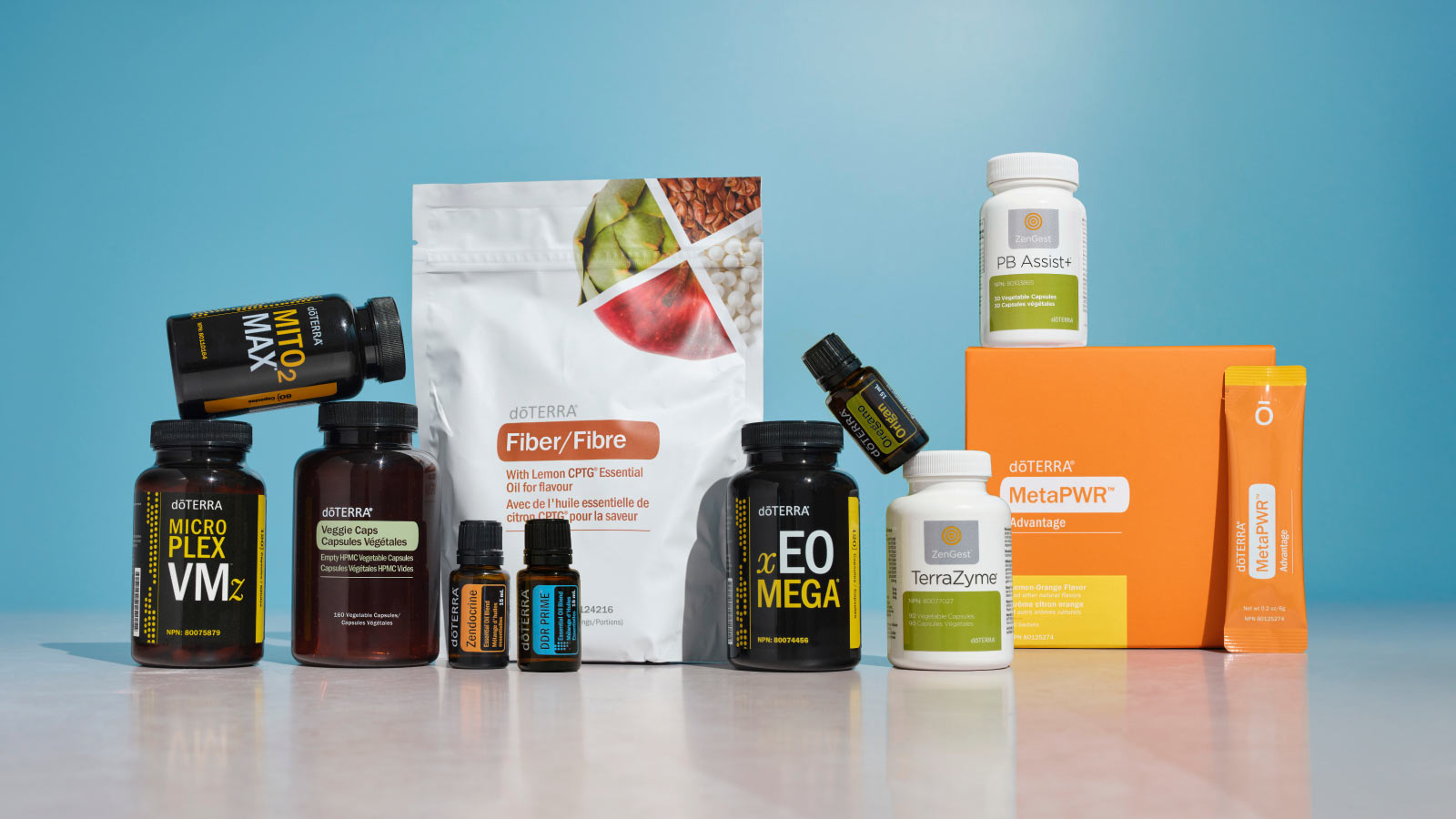 Various doTERRA products with blue background
