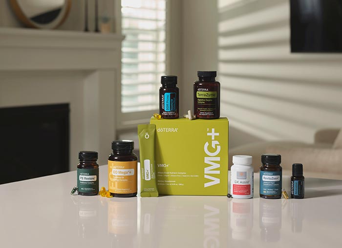 Various doTERRA products on a table