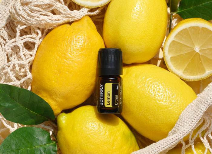 5ml lemon oil surrounded by lemons.