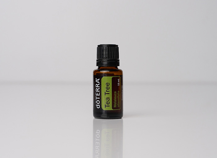 doTERRA Tea Tree essential oil bottle centered against a bright white background, emphasizing the oil’s clean, purifying nature and spotlighting the product.
