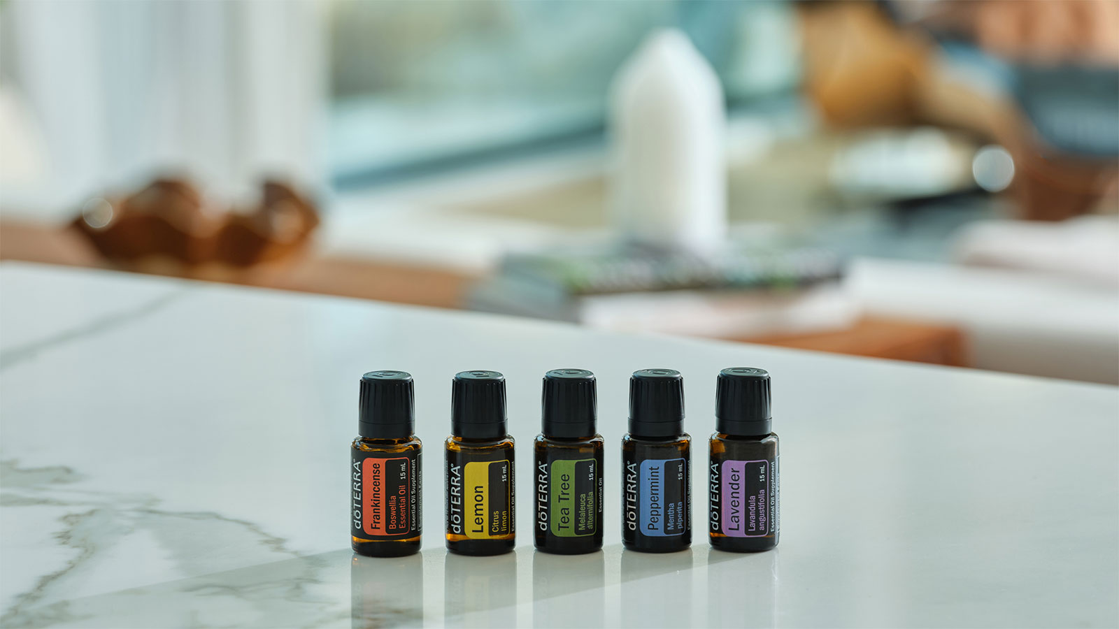 Lemon, Lavender, Tea Tree, Frankincense, and Peppermint oils